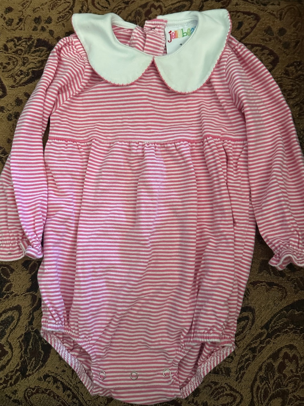 Jelly Beans Pink Striped Long-Sleeve One-Piece with White Peter Pan Collar